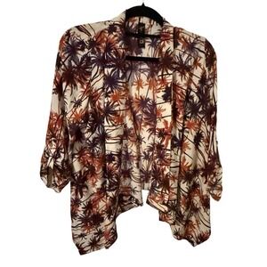 Paparazzy Kimono Cardigan Open Front Palm Trees Orange Purple 3/4 Sleeve Small